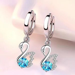 New Sterling Silver 925 Blue Crystal Swan Hoops earring set